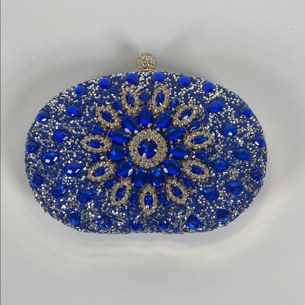 Verano Hill Dazzling Blue and Silver Crystal Evening Clutch With Gold Trim - Picture 4 of 6